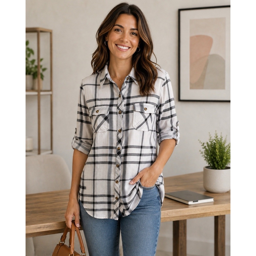 Eden & Olivia S Plaid Button Down Shirt Black White Soft Stretch Jersey Comfy